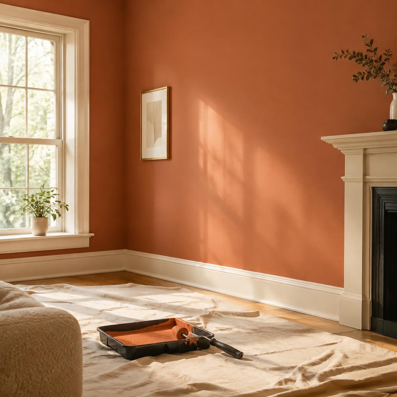 Salon fraîchement peint couleur terracotta